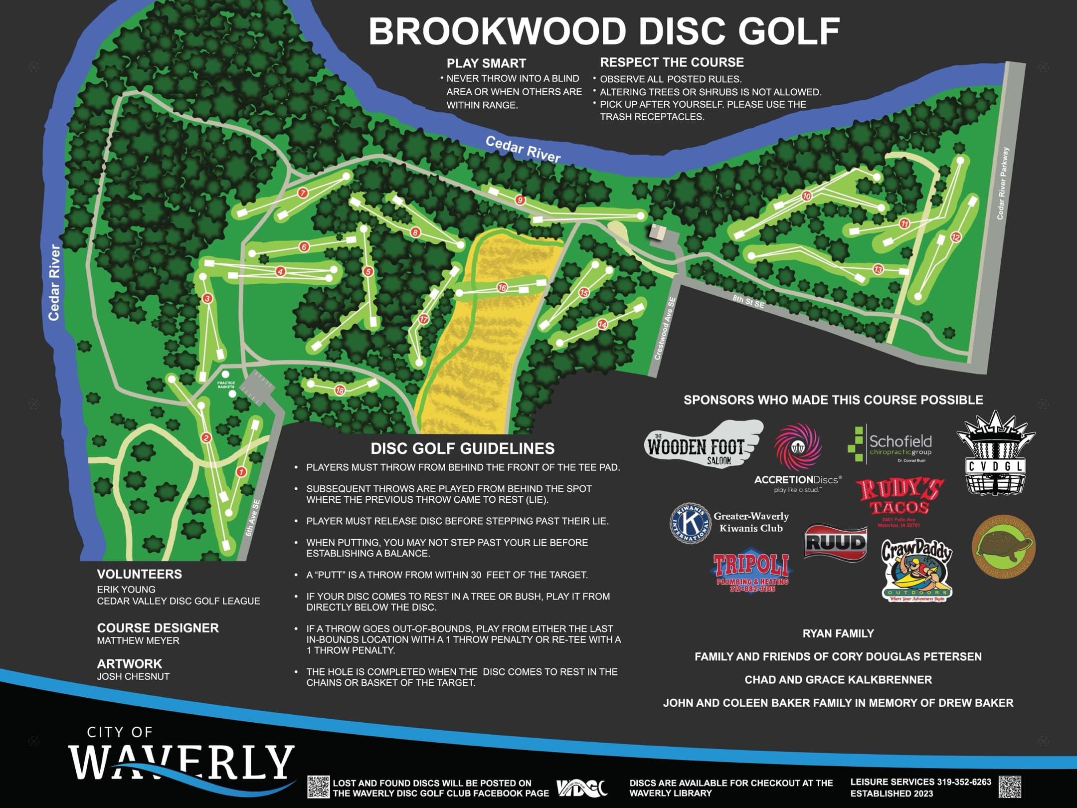 Brookwood Park disc golf course layout map — 18 holes