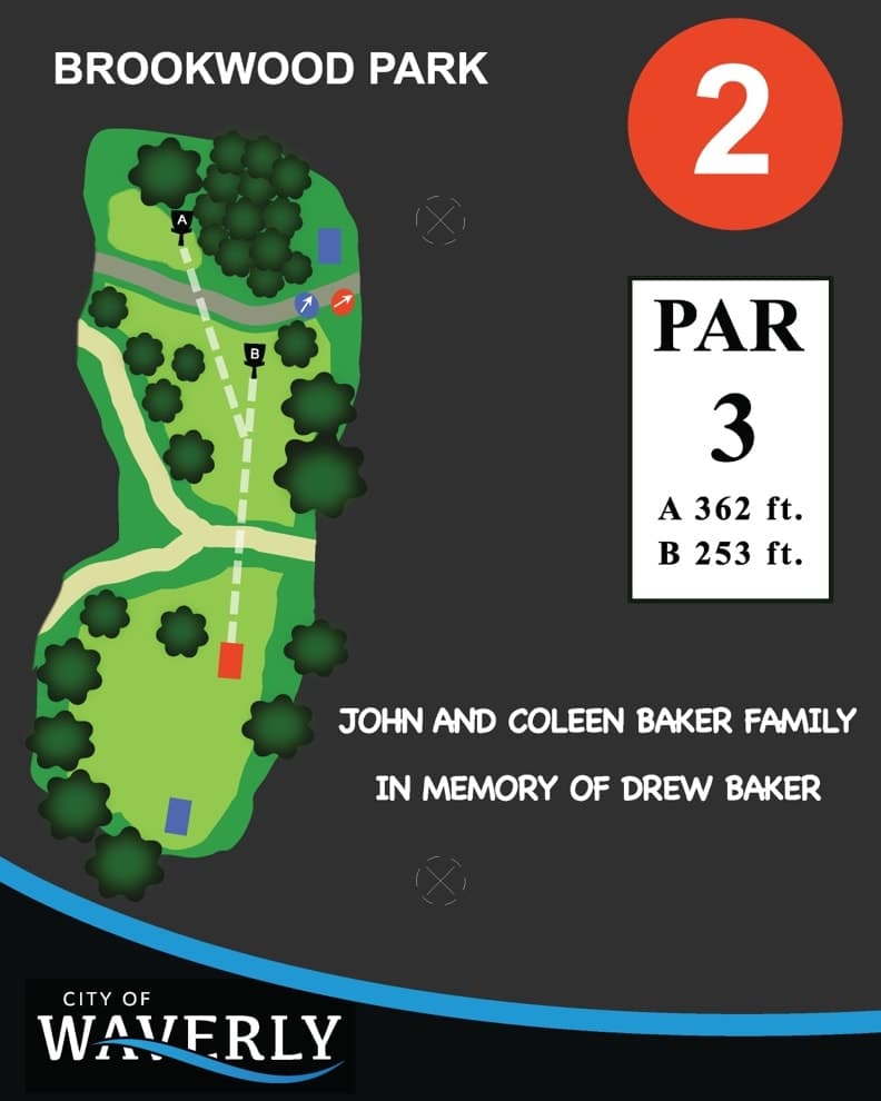 Hole 2 tee sign — red tees