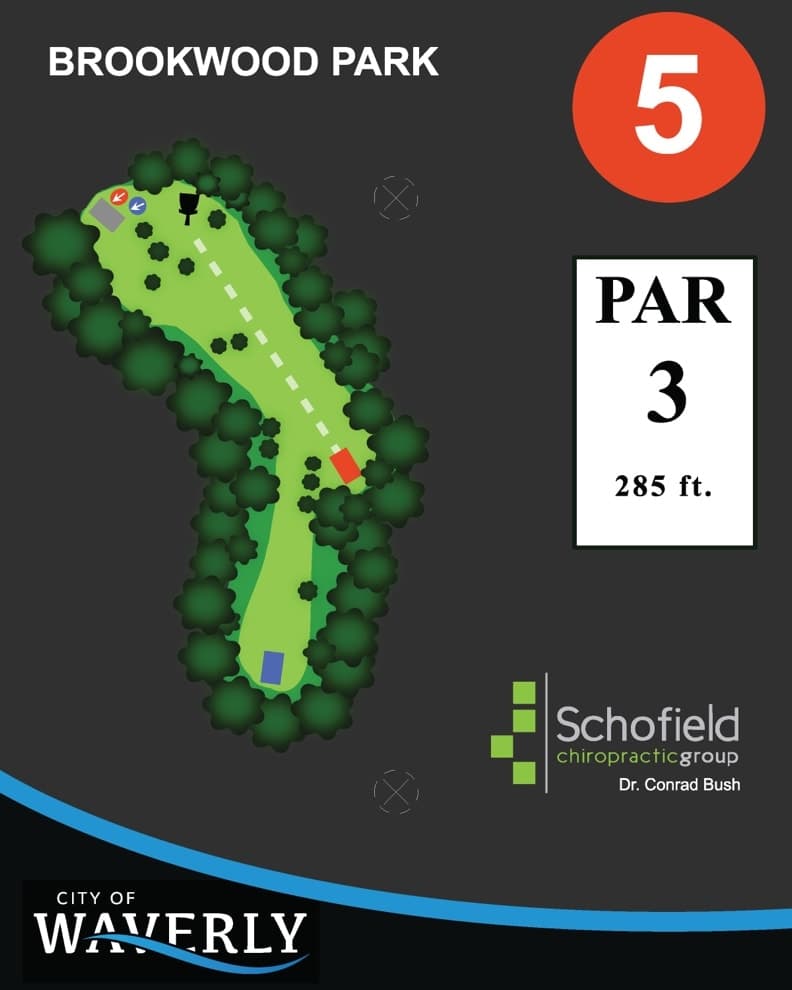 Hole 5 tee sign — red tees