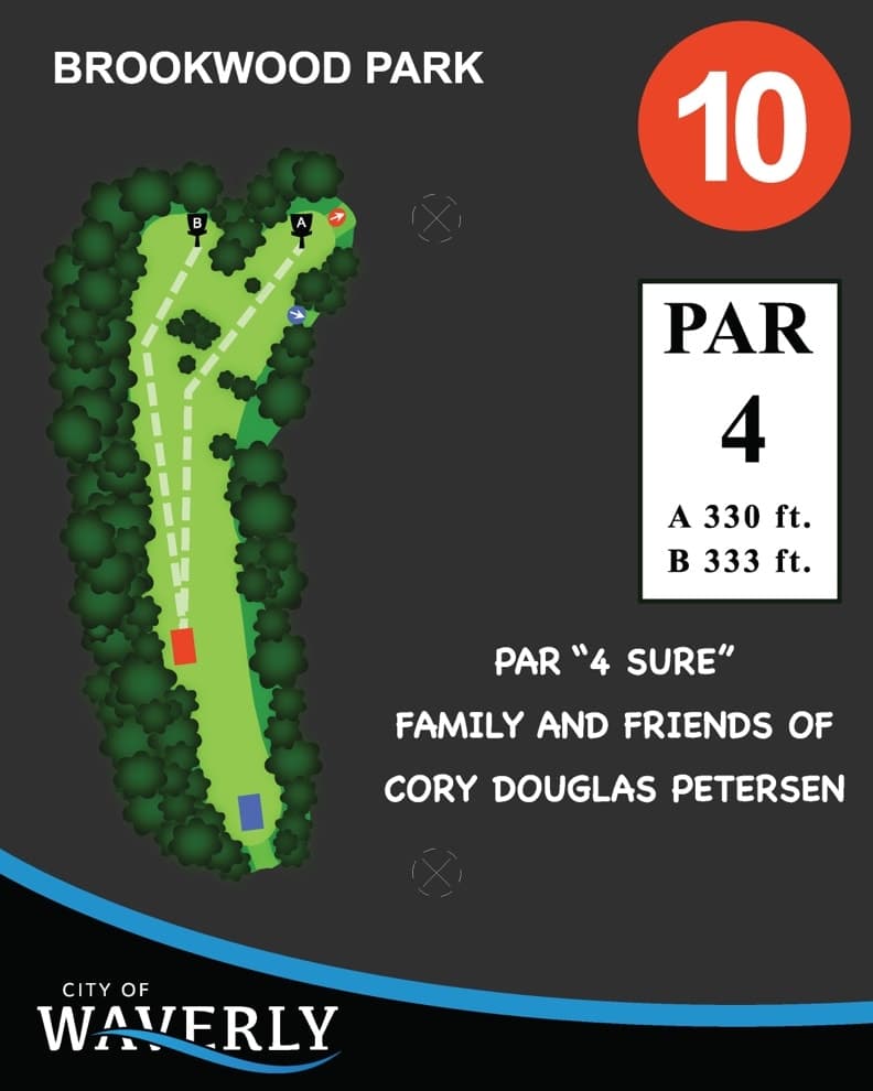Hole 10 tee sign — red tees