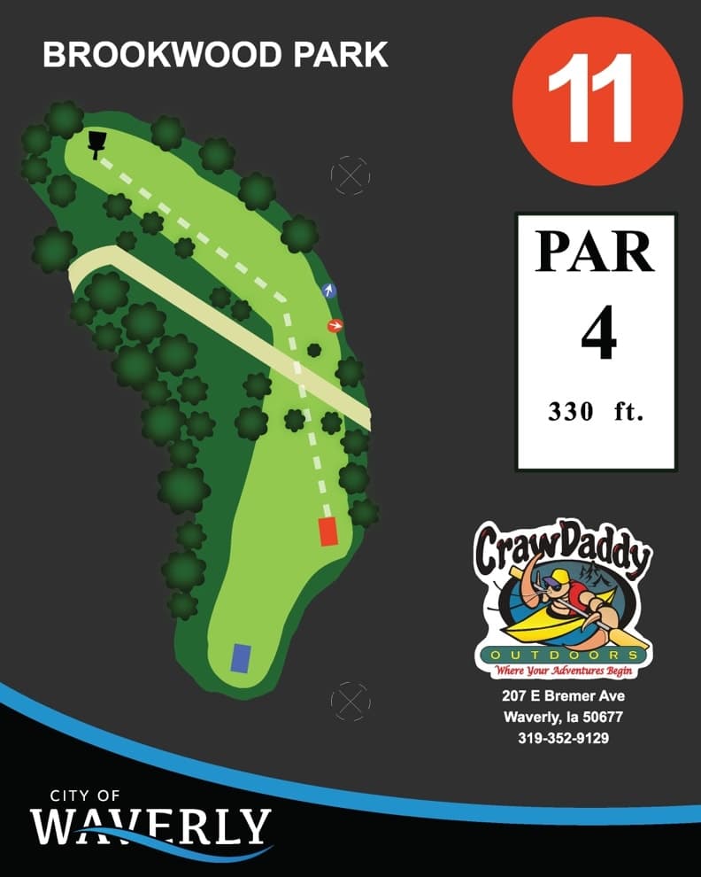 Hole 11 tee sign — red tees