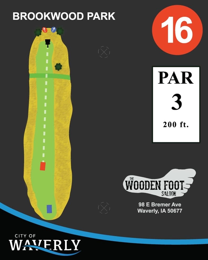 Hole 16 tee sign — red tees